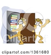Poster, Art Print Of Bobcat School Mascot Character Holding A Door For Another Carrying Books Symbolizing Compassion