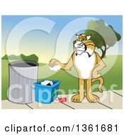 Poster, Art Print Of Bobcat School Mascot Character Recycling Symbolizing Integrity Against A Park Landscape