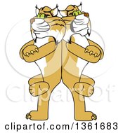 Clipart Of Bobcat School Mascot Characters Standing Back To Back And Leaning On Each Other Symbolizing Loyalty Royalty Free Vector Illustration by Mascot Junction