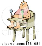 Cartoon Caucasian Baby Sitting In A High Chair And Holding Spoons