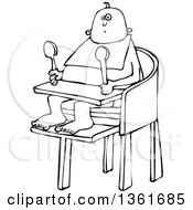 Clipart Of A Cartoon Black And White Baby Sitting In A High Chair And Holding Spoons Royalty Free Vector Illustration