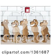 Cougar School Mascot Characters In Line During A Fire Drill In A Hallway Symbolizing Safety