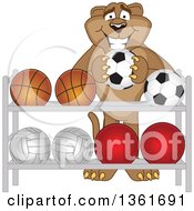 Poster, Art Print Of Cougar School Mascot Character Putting A Soccer Ball Back On A Rack Symbolizing Respect