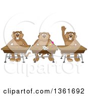 Poster, Art Print Of Cougar School Mascot Characters Sitting At Desks One Raising His Hand Symbolizing Respect