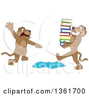Poster, Art Print Of Cougar School Mascot Character Warning Another That Is Carrying Books About A Puddle Symbolizing Being Proactive