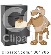 Clipart Of A Cougar School Mascot Character Filing Folders Symbolizing Organization Royalty Free Vector Illustration by Mascot Junction