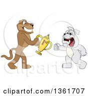 Poster, Art Print Of Cougar School Mascot Character Giving A First Place Trophy To A Bulldog Symbolizing Teamwork And Sportsmanship