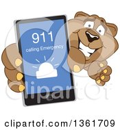 Poster, Art Print Of Cougar School Mascot Character Holding Up A Smart Phone And Calling An Emergency Number Symbolizing Safety