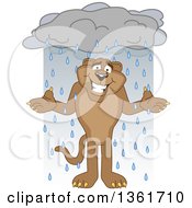 Poster, Art Print Of Cougar School Mascot Character Shrugging In The Rain Symbolizing Acceptance