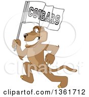 Poster, Art Print Of Cougar School Mascot Character Running With A Team Flag Symbolizing Pride