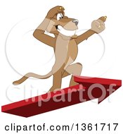 Poster, Art Print Of Cougar School Mascot Character Standing On An Arrow And Pointing Symbolizing Leadership