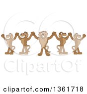 Clipart Of A Team Of Cougar School Mascot Characters Cheering And Holding Up Hands Symbolizing Leadership Royalty Free Vector Illustration