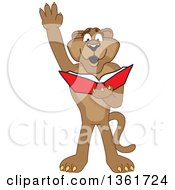 Poster, Art Print Of Cougar School Mascot Character Raising His Hand And Reading A Book Symbolizing Determination