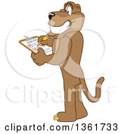 Clipart Of A Cougar School Mascot Character Completing A To Do List Symbolizing Being Dependable Royalty Free Vector Illustration