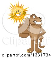 Poster, Art Print Of Cougar School Mascot Character And Sun Holding Thumbs Up Symbolizing Excellence
