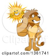 Poster, Art Print Of Lion School Mascot Character And Sun Giving Thumbs Up Symbolizing Excellence