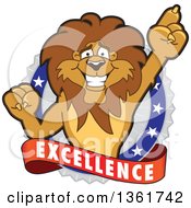Clipart Of A Lion School Mascot Character Holding Up A Finger On An Excellence Badge Royalty Free Vector Illustration