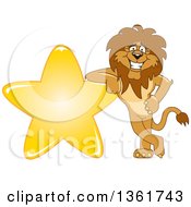 Poster, Art Print Of Lion School Mascot Character Leaning On A Star Symbolizing Excellence