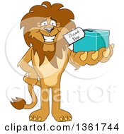 Poster, Art Print Of Lion School Mascot Character Holding Up A Thank You Gift Symbolizing Gratitude