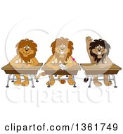 Poster, Art Print Of Lion School Mascot Characters Sitting At Desks One Raising His Hand Symbolizing Respect