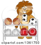 Poster, Art Print Of Lion School Mascot Character Putting A Soccer Ball Back On A Rack Symbolizing Respect