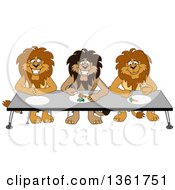 Lion School Mascot Characters Eating Together Symbolizing Respect