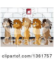 Lion School Mascot Characters In Line During A Fire Drill Symbolizing Safety