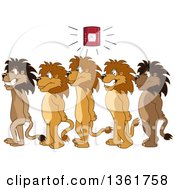 Poster, Art Print Of Lion School Mascot Characters In Line During A Fire Drill In A Hallway Symbolizing Safety