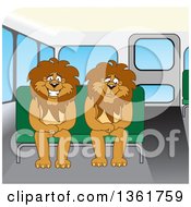 Poster, Art Print Of Lion School Mascot Characters Sitting On A Bus Bench Symbolizing Safety