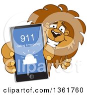 Poster, Art Print Of Lion School Mascot Character Holding Up A Smart Phone And Calling An Emergency Number Symbolizing Safety
