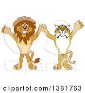 Poster, Art Print Of Lion And Bobcat School Mascot Characters Holding Hands And Cheering Symbolizing Sportsmanship
