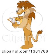 Lion School Mascot Character Completing A To Do List Symbolizing Being Dependable by Mascot Junction