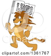 Poster, Art Print Of Lion School Mascot Character Running With A Team Flag Symbolizing Pride
