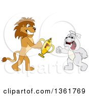 Poster, Art Print Of Lion School Mascot Character Giving A First Place Trophy To A Bulldog Symbolizing Sportsmanship