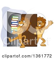Poster, Art Print Of Lion School Mascot Character Holding A Door Open For A Friend Carrying A Stack Of Books Symbolizing Compassion