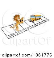 Poster, Art Print Of Lion School Mascot Character And Bus Over Week Days Symbolizing Being Proactive