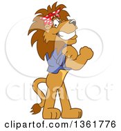 Lion School Mascot Character Riveter Wearing A Bandana And Flexing Muscles Symbolizing Determination