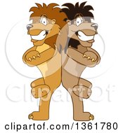 Clipart Of A Lion School Mascot Character Standing Back To Back And Leaning On Each Other Symbolizing Loyalty Royalty Free Vector Illustration
