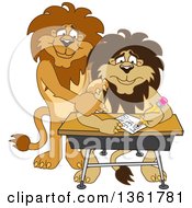 Poster, Art Print Of Lion School Mascot Character Tutoring A Worried Student Symbolizing Compassion