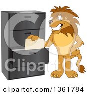 Poster, Art Print Of Lion School Mascot Character Filing Folders Symbolizing Organization