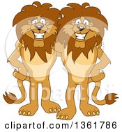 Poster, Art Print Of Lion School Mascot Characters Standing And Embracing Symbolizing Loyalty