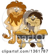 Poster, Art Print Of Lion School Mascot Character Standing By A Worried Student Symbolizing Compassion