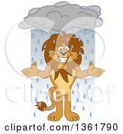 Poster, Art Print Of Lion School Mascot Character Shrugging In The Rain Symbolizing Acceptance