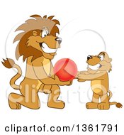 Poster, Art Print Of Lion School Mascot Character Giving A Ball To A Cub Symbolizing Compassion