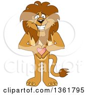 Lion School Mascot Character Holding A Heart Symbolizing Compassion by Mascot Junction
