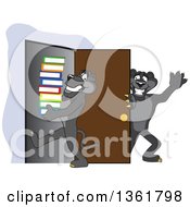 Poster, Art Print Of Black Panther School Mascot Character Holding A Door Open For A Friend Carrying A Stack Of Books Symbolizing Compassion