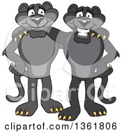 Clipart Of Black Panther School Mascot Characters Standing And Embracing Symbolizing Loyalty Royalty Free Vector Illustration