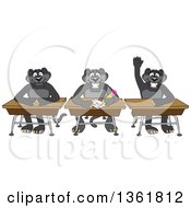Poster, Art Print Of Black Panther School Mascot Characters Sitting At Desks One Raising His Hand Symbolizing Respect