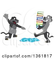 Poster, Art Print Of Black Panther School Mascot Character Warning Another That Is Carrying Books About A Puddle Symbolizing Being Proactive