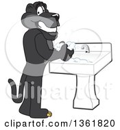 Black Panther School Mascot Character Washing His Hands Symbolizing Responsibility